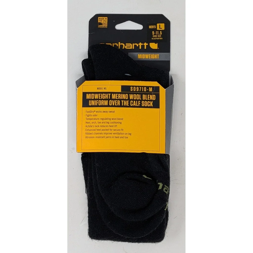 Carhartt Men's Large Merino Wool Midweight Socks Over The Calf Black - New